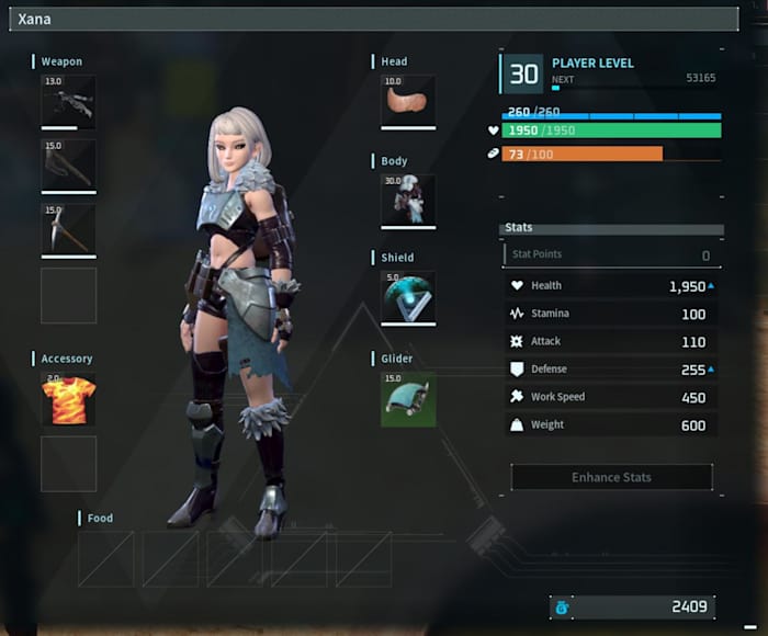 The player stat sheet in Palworld.